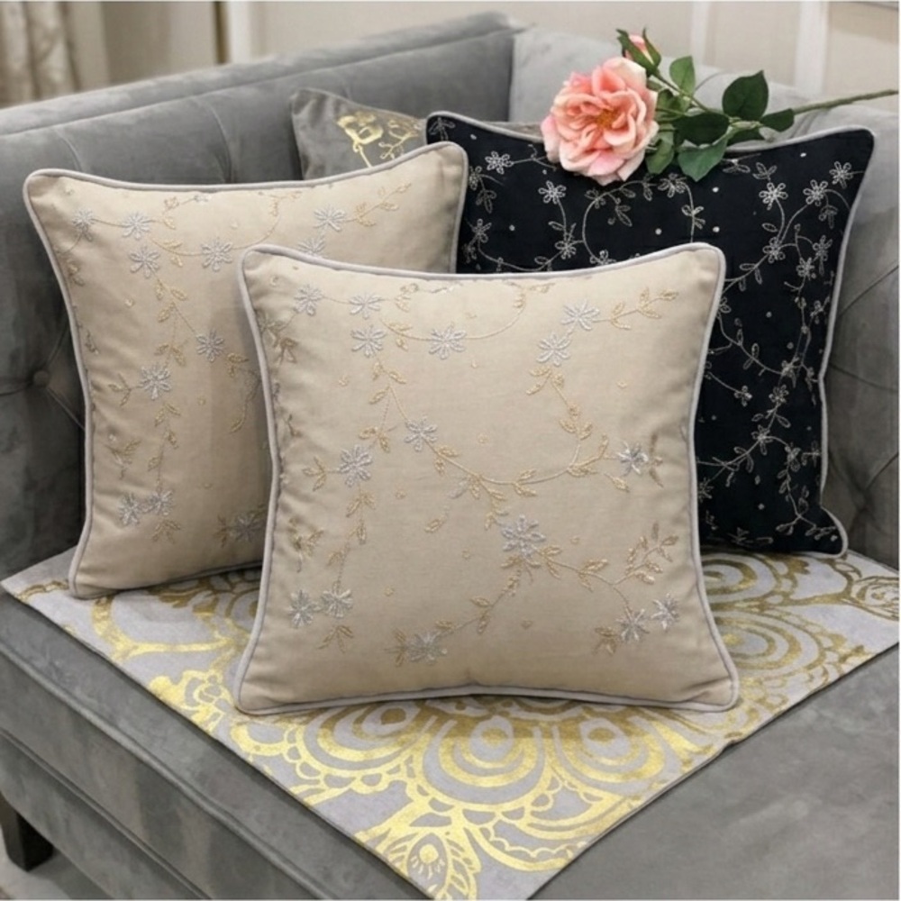 Pottery Barn Floral Embroidered Pillows - Cream and Black